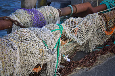 High angle view of fishing net at harbor