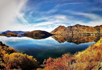 Scenic view of lake against cloudy sky