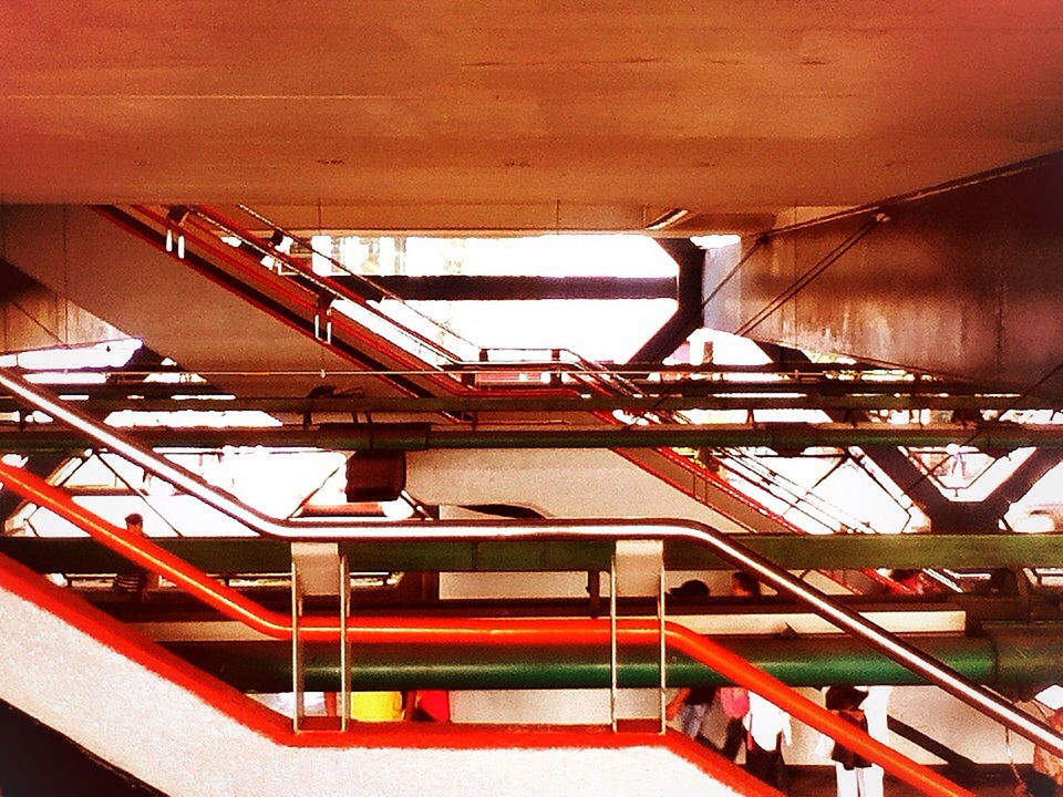 indoors, low angle view, built structure, architecture, metal, industry, no people, construction site, ceiling, technology, railing, staircase, day, construction, building exterior, factory, hanging, metallic, steps and staircases, steps