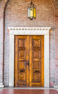 Closed wooden door of building