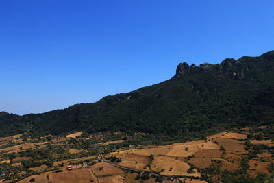 Scenic view of mountains against clear blue sky