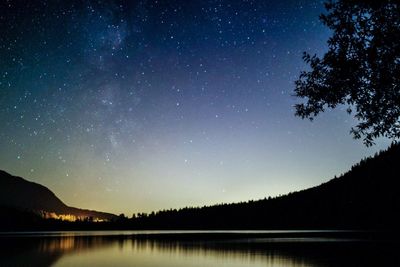 Reflection of silhouette trees in lake against star field at night