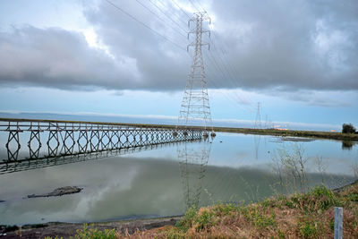 Electricity pylon against cloudy sky