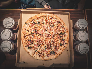 High angle view of pizza on table