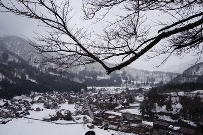 Bare trees on snow covered landscape against sky