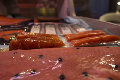 Close-up of food served on table