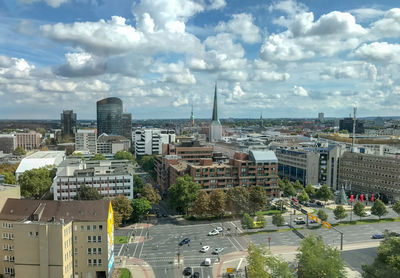 High angle view of buildings against sky