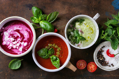 High angle view of salad in bowl on table