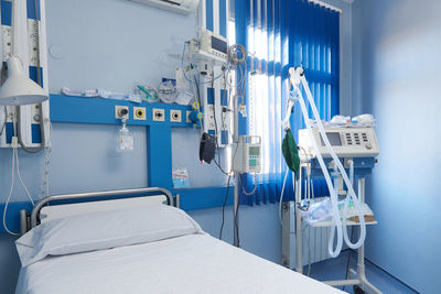 Interior of contemporary hospital room with empty bed and modern electronic medical equipment