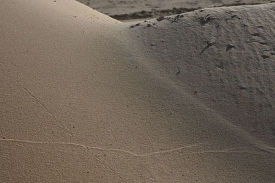 High angle view of footprints on sand at beach