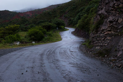 Road amidst trees and mountains against sky