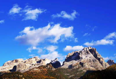 Low angle view of mountain against blue sky