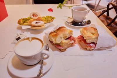 High angle view of breakfast on table