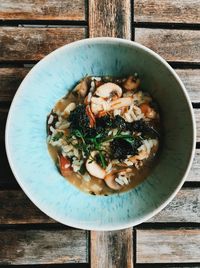 High angle view of food in bowl on table