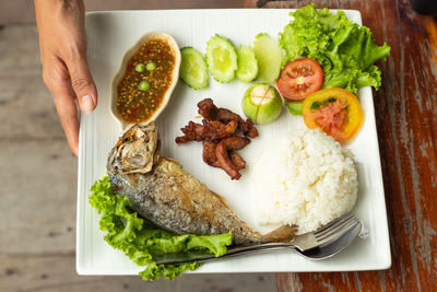 High angle view of food in plate on table