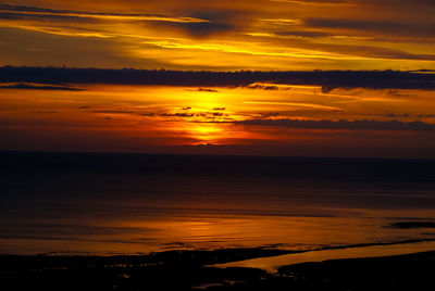 Scenic view of sea against romantic sky at sunset