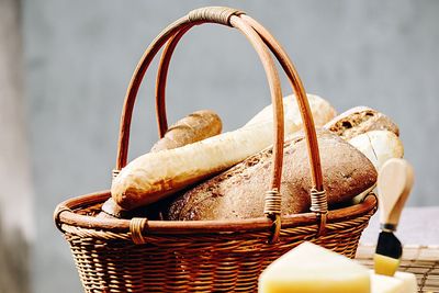 Close-up of breads in wicker basket