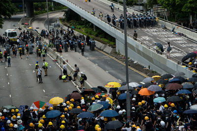 High angle view of crowd on city street