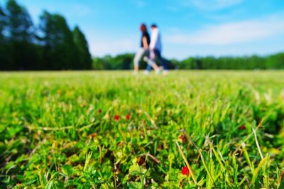 People on grassy field