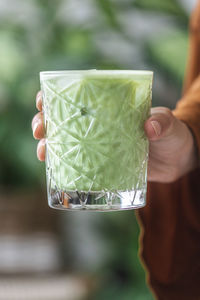 Close-up of person holding cup of matcha milk iced tea against green plants background