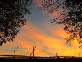 Silhouette tree by sea against orange sky