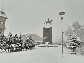 Street amidst trees against sky during winter