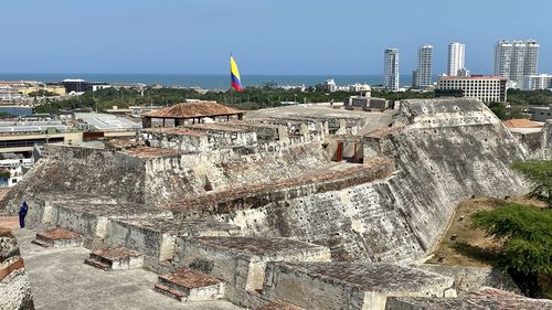 Aerial view of buildings in city against clear sky