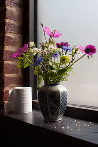 Close-up of potted plant on window sill