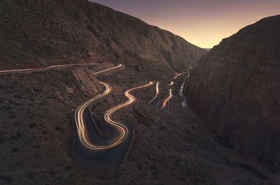 Morocco, dades gorges, sandstone and limestone rocks, light trails of