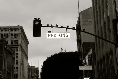 Low angle view of road sign by buildings against sky