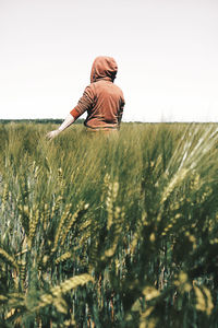 Rear view of person standing in wheat field against clear sky