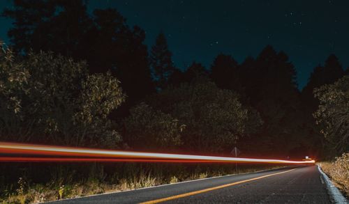 Light trails on road against trees at night