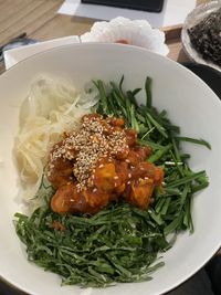 High angle view of food in plate on table