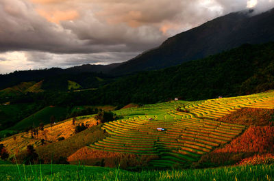 Rural landscape against cloudy sky