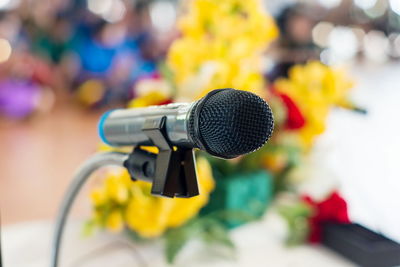 Close-up of microphone against flowers