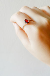 Close-up of ladybug on finger