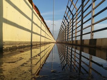 Reflection of built structure in water against sky