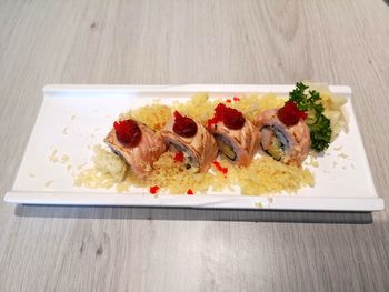 High angle view of food served on table