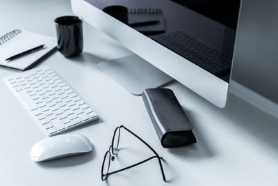 High angle view of objects on table