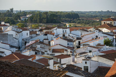 High angle view of houses in town