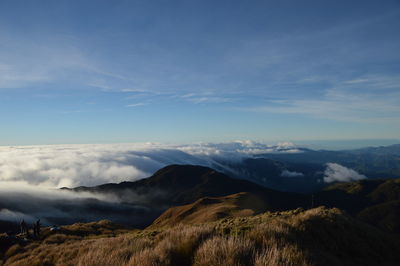 Scenic view of mountains against cloudy sky