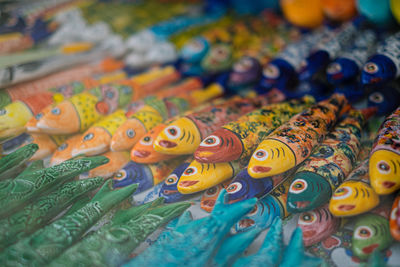 Full frame shot of fishing lure for sale at market