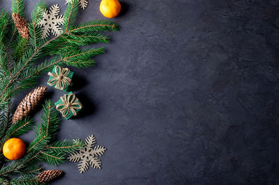 High angle view of christmas decorations on table