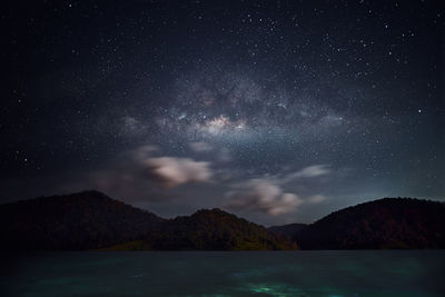 Scenic view of mountains against sky at night