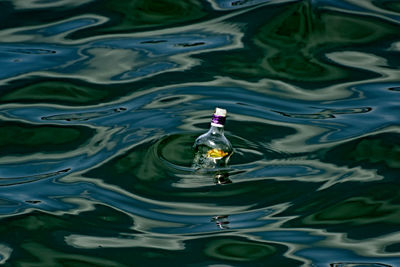 Close-up of bottle floating in lake