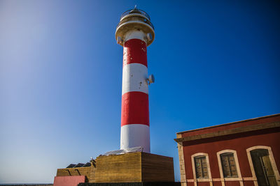 Low angle view of lighthouse against building against clear blue sky