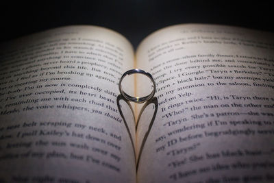 Ring on open book against black background