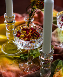 High angle view of drink in glass on table