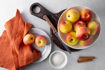 High angle view of apples in bowl on table