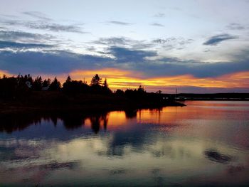 Scenic view of lake against sky at sunset